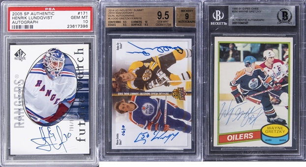 1980-2014 Signed Hockey Card Collection (3) Featuring Wayne Gretzky, Bobby Orr, & Henrik Lundqvist
